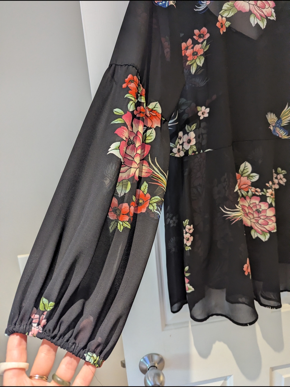 Dark Floral Babydoll Mini Dress Sheer Blouse Boho Whimsigoth Fairycore S/M/L - Picture 15 of 16